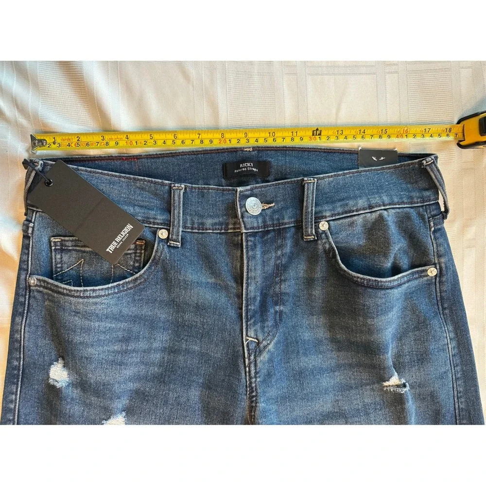 True Religion Jeans Mens 32 Blue Ricky Relaxed Straight Distressed Repair New